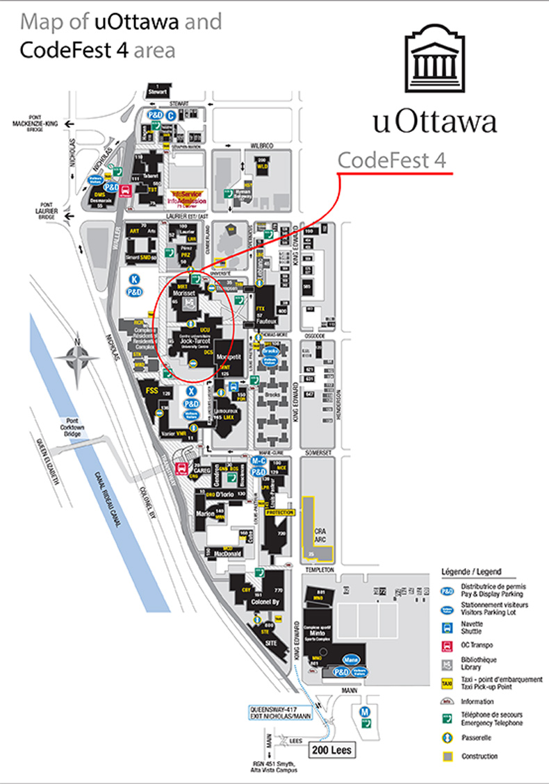 Map of the Univeristy of Ottawa, where the location of CodeFest is identified at the Morisset building, at the intersection of Université and Cumberland