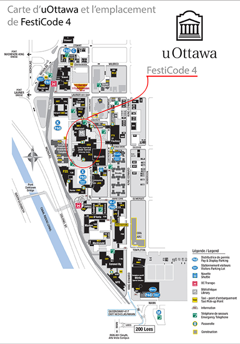 Carte de l'université d'Ottawa, où l'emplacement du FestiCode est identifié, situé dans l'édifice Morisset à l'intersection de la rue Univesité et Cumberland.