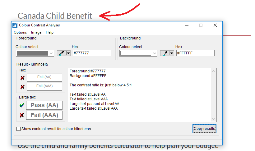 Canada CHild Benefit first H1 passes large text contrast ratio