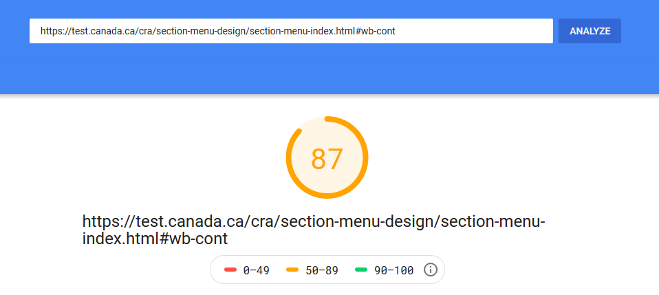 Google insight of https://test.canada.ca/cra/section-menu-design/section-menu-index.html#wb-cont results at 87 out of 100