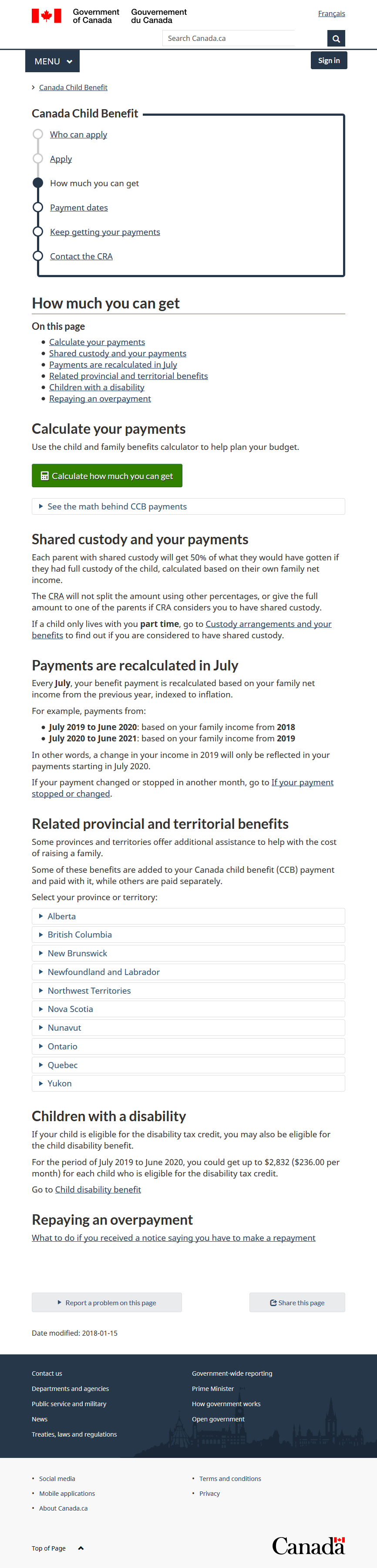 Canada Child Benefit: How much you can get page with new service initiation template in medium viewport showing navigation vertically