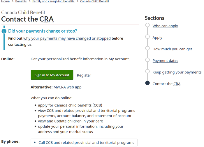 Canada Child Benefit: Contact the CRA page with new service initiation template