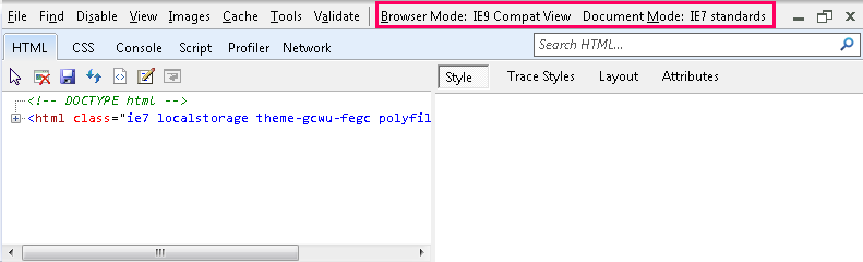 F12 Developer Tools showing a web page rendering in Compatibility View